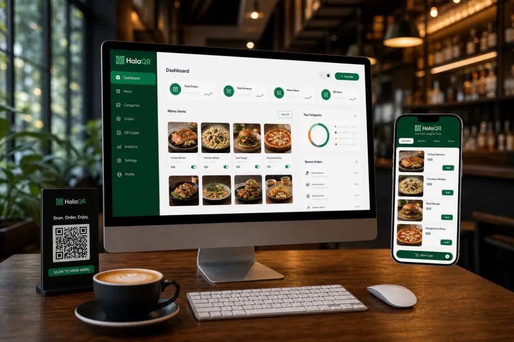 HalaQR product scene on a café table: a QR table stand, a desktop restaurant dashboard, and a guest phone menu beside a coffee cup