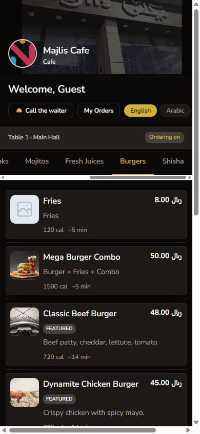 Burgers category on the Majlis Cafe guest menu with photos, featured badges, and SAR prices