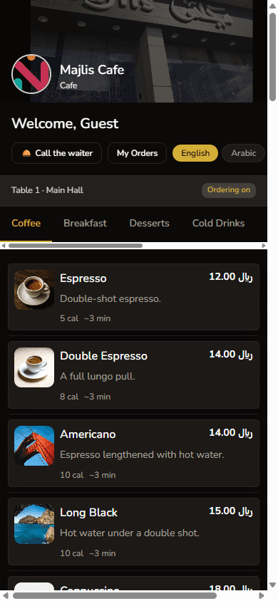 Majlis Cafe guest QR menu on a phone, Coffee category, Table 1 with ordering on